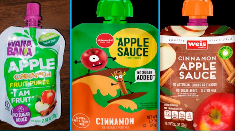 In an undated photo provided by the U.S. Food and Drug Administration, three recalled applesauce products — WanaBana apple cinnamon fruit puree pouches, Schnucks-brand cinnamon-flavored applesauce pouches and variety pack, and Weis-brand cinnamon applesauce pouches — that were manufactured in a plant in Ecuador and linked to lead poisoning in as many as 125 children. Concern about the poisoning cases has highlighted a broader gap in F.D.A. food oversight. (U.S. Food and Drug Administration via The New York Times) — NO SALES; EDITORIAL USE ONLY —