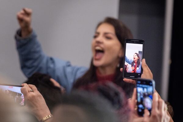A protestor interrupts Vice President Kamala Harris during her Fight for Reproductive Freedoms tour at Savannah Civic Center in Savannah on Tuesday, February 6, 2024. (Arvin Temkar / arvin.temkar@ajc.com)
