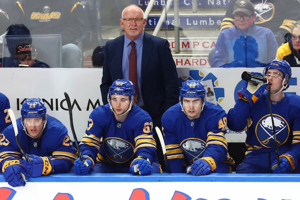 Buffalo Sabres head coach Lindy Ruff looks on during the third period of an NHL hockey game against the Ottawa Senators Tuesday, March 25, 2025, in Buffalo, N.Y. (AP Photo/Jeffrey T. Barnes)