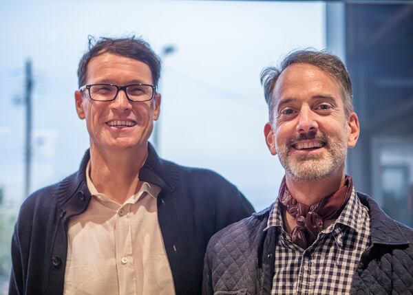 Miller Union owners Neal McCarthy (left) and Steven Satterfield attend the Miller Union 15th Anniversary party in 2024. (Aaliyah Man for the AJC)