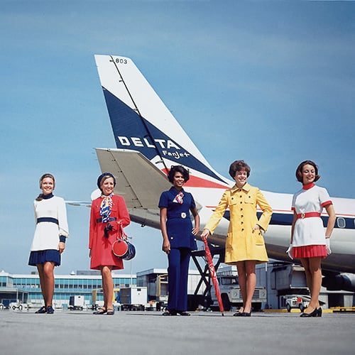 The 1970s brought about significant changes in Delta's flight attendant uniforms — pants. Also, hats were no longer required. (Courtesy of the Delta Flight Museum)