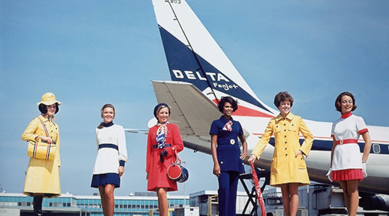 The 1970s brought about significant changes in Delta's flight attendant uniforms — pants. Also, hats were no longer required. (Courtesy of the Delta Flight Museum)