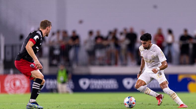 Atlanta United midfielder Marcelino Moreno #10 dribbles the ball during the match against D.C. United at Audi Field in Washington, District of Columbia on Saturday August 21, 2021. (Photo by Jacob Gonzalez/Atlanta United)