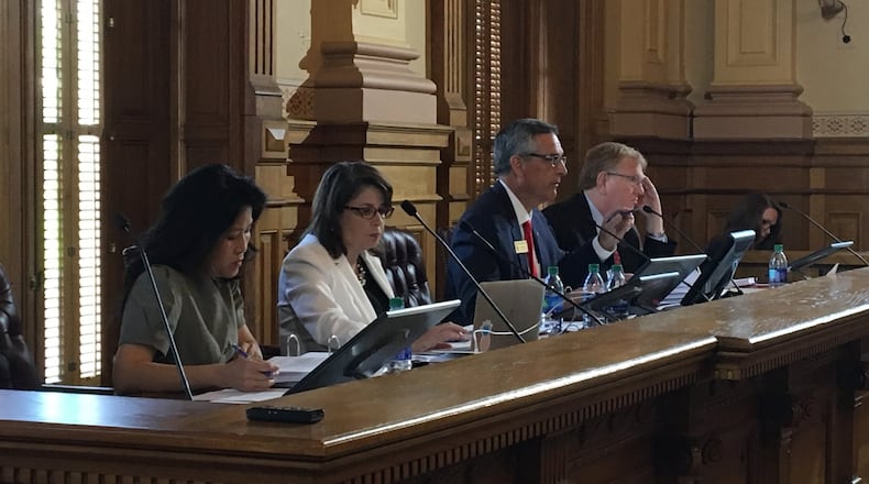 The State Election Board heard complaints from voters about Georgia’s new voting system during a meeting on Wednesday, Aug. 21, 2019. From left: Board member Anh Le, Vice Chairwoman Rebecca Sullivan, Secretary of State Brad Raffensperger and board member David Worley. MARK NIESSE / MARK.NIESSE@AJC.COM