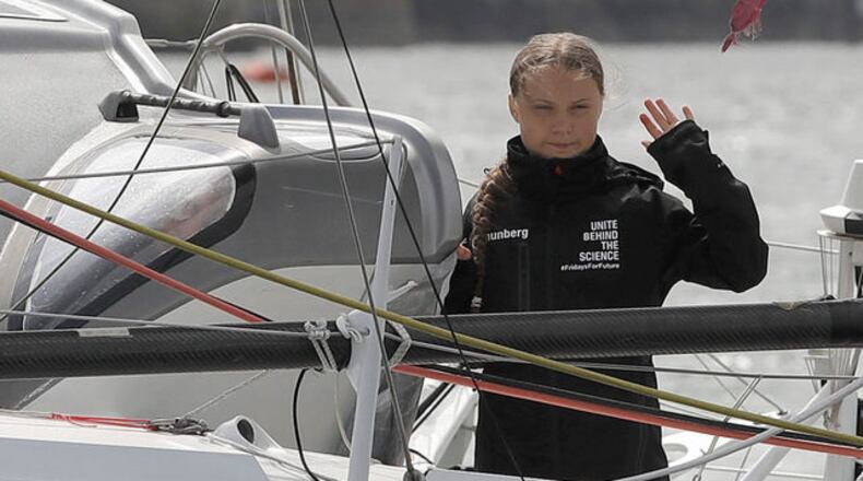 Climate change activist Greta Thunberg sets sail for New York in the 60 foot Malizia II yacht from Mayflower Marina on August 14, 2019, in Plymouth, England. Thunberg is attending the UN Climate Action Summit and wanted to travel emission free.