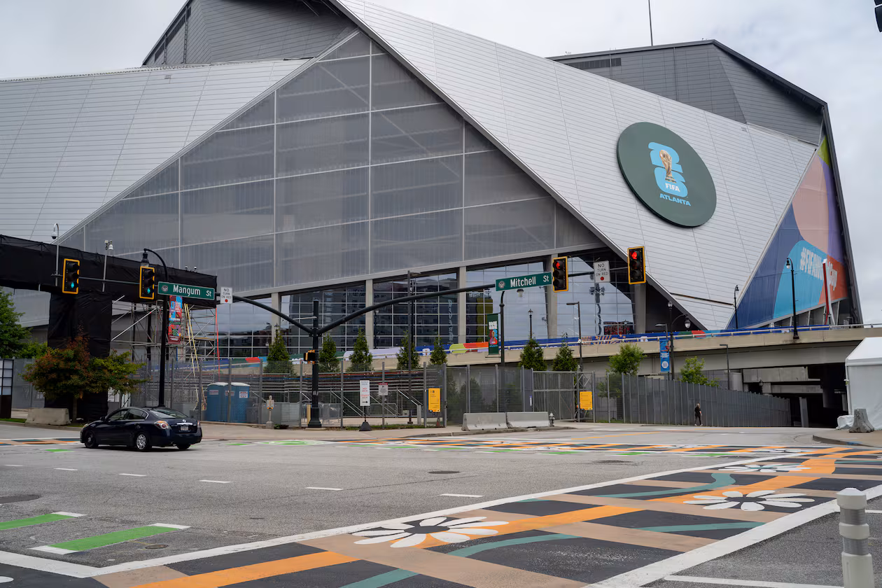 New crosswalk art sits at the intersection of Mitchell Street and Mangum Street on Monday, June 8, 2026. (Ben Hendren for the AJC)