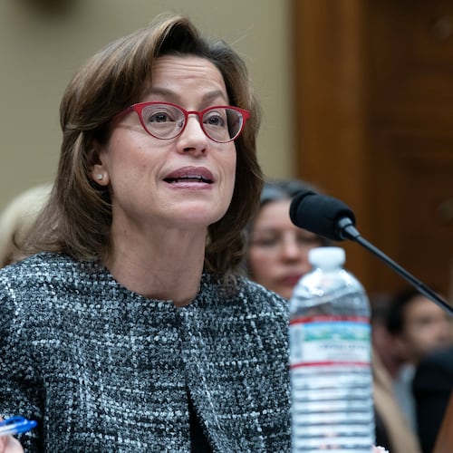 FILE - Anna Gomez, Commissioner, Federal Communications Commission, testifies on Capitol Hill in Washington, Jan. 14, 2026. (AP Photo/Jose Luis Magana, File)