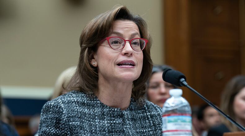 FILE - Anna Gomez, Commissioner, Federal Communications Commission, testifies on Capitol Hill in Washington, Jan. 14, 2026. (AP Photo/Jose Luis Magana, File)