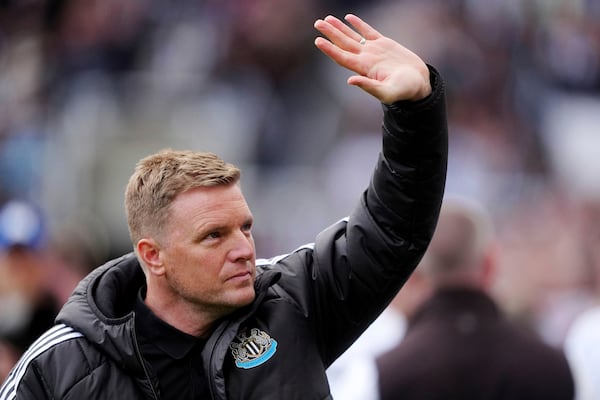 Newcastle United manager Eddie Howe gestures before the English Premier League soccer match between Newcastle United and Everton at St. James' Park, Newcastle, England, Sunday, May 25, 2025. (Owen Humphreys/PA via AP)