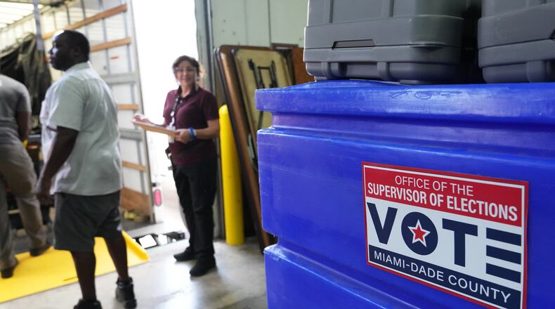 Employees prepare voting equipment at the Miami-Dade Supervisor of Elections Training and Support Center warehouse to be transported to voting precincts in advance of the August 18 Florida primary election, Thursday, Aug. 13, 2026, in Doral, Fla. (AP Photo/Lynne Sladky)