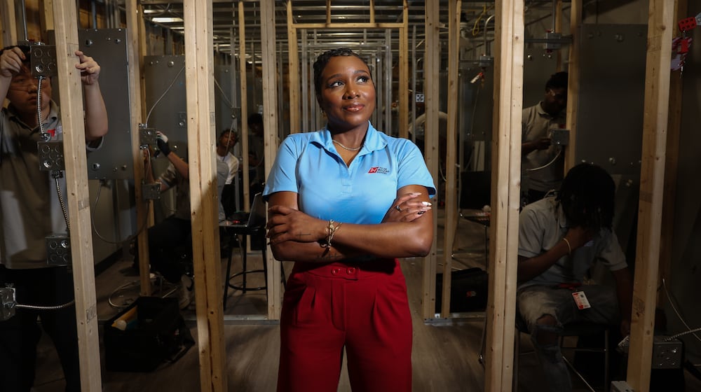 Tamekia Morris at the Tulsa Welding School's residential and commercial wiring lab on the Decatur campus on Aug. 13, 2026. (Arvin Temkar/AJC)