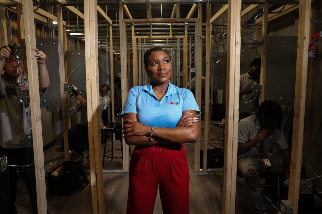 Tamekia Morris at the Tulsa Welding School's residential and commercial wiring lab on the Decatur campus on Aug. 13, 2026. (Arvin Temkar/AJC)