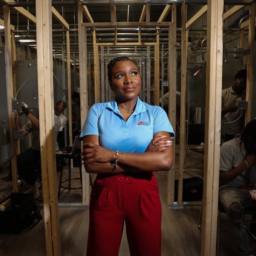 Tamekia Morris at the Tulsa Welding School's residential and commercial wiring lab on the Decatur campus on Aug. 13, 2026. (Arvin Temkar/AJC)