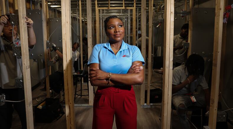 Tamekia Morris at the Tulsa Welding School's residential and commercial wiring lab on the Decatur campus on Aug. 13, 2026. (Arvin Temkar/AJC)