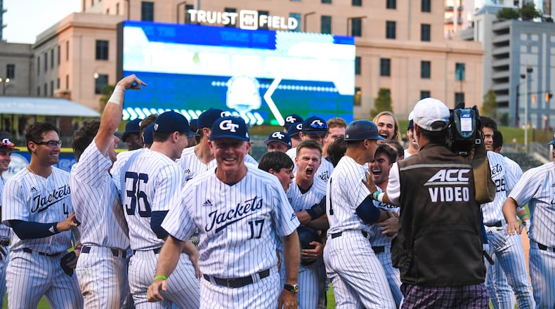 Georgia Tech players and coaches celebrate their 9-8 win over Louisville in 12 innings in the ACC Tournament at Truist Field in Charlotte, N.C., May 27, 2021. (Courtesy of ACC)