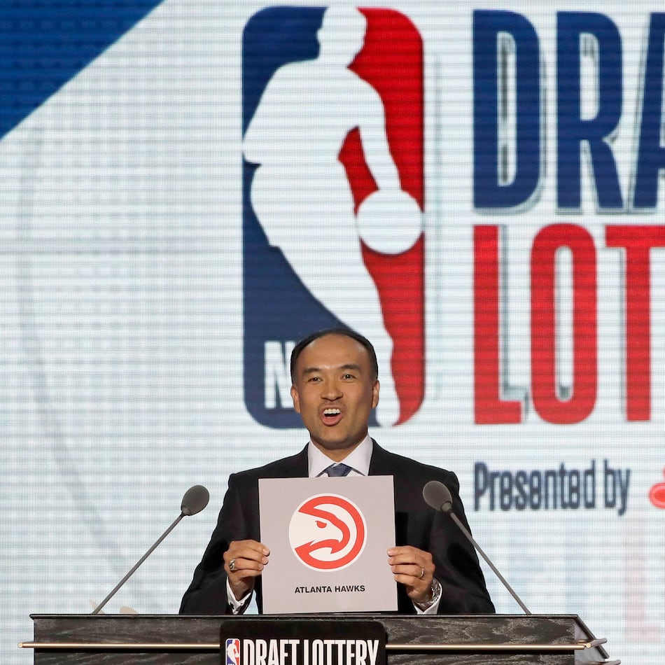 NBA deputy commissioner Mark Tatum announces the Hawks' 2018 NBA draft pick. The league’s draft lottery Sunday will determine where each of the 14 teams will be slotted for 2026. (Charles Rex Arbogast/AP 2018)