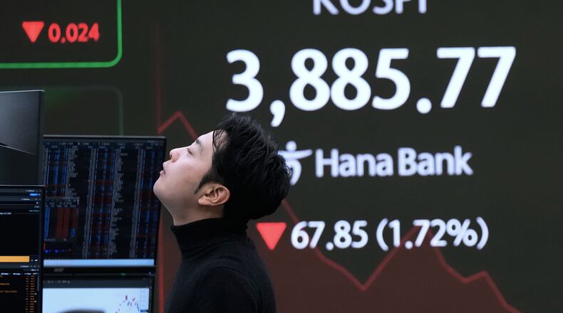 A currency trader reacts near a screen showing the Korea Composite Stock Price Index (KOSPI) at the foreign exchange dealing room of the Hana Bank headquarters in Seoul, South Korea, Wednesday, Nov. 19, 2025. (AP Photo/Ahn Young-joon)