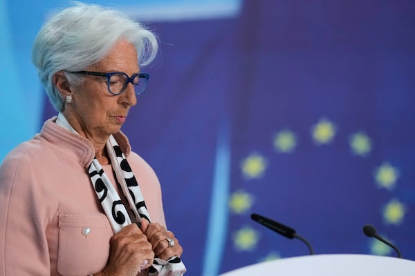President of European Central Bank, Christine Lagarde, arrives for a press conference after an ECB's governing council meeting in Frankfurt, Germany, Thursday, April 17, 2025. (AP Photo/Matthias Schrader)