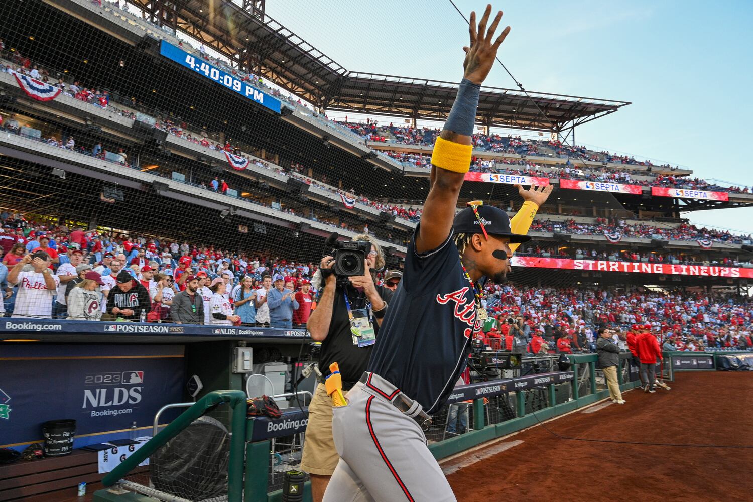 Atlanta Braves right fielder Ronald Acuna Jr. (13) prepares to face the Philadelphia Phillies in NLDS Game 3 in Philadelphia on Wednesday, Oct. 11, 2023.   (Hyosub Shin / Hyosub.Shin@ajc.com)