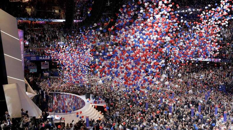 Balloons fall after Republican Presidential Candidate Donald Trump, addresses the delegates during the final day of the Republican National Convention in Cleveland on Thursday. (AP/John Locher)