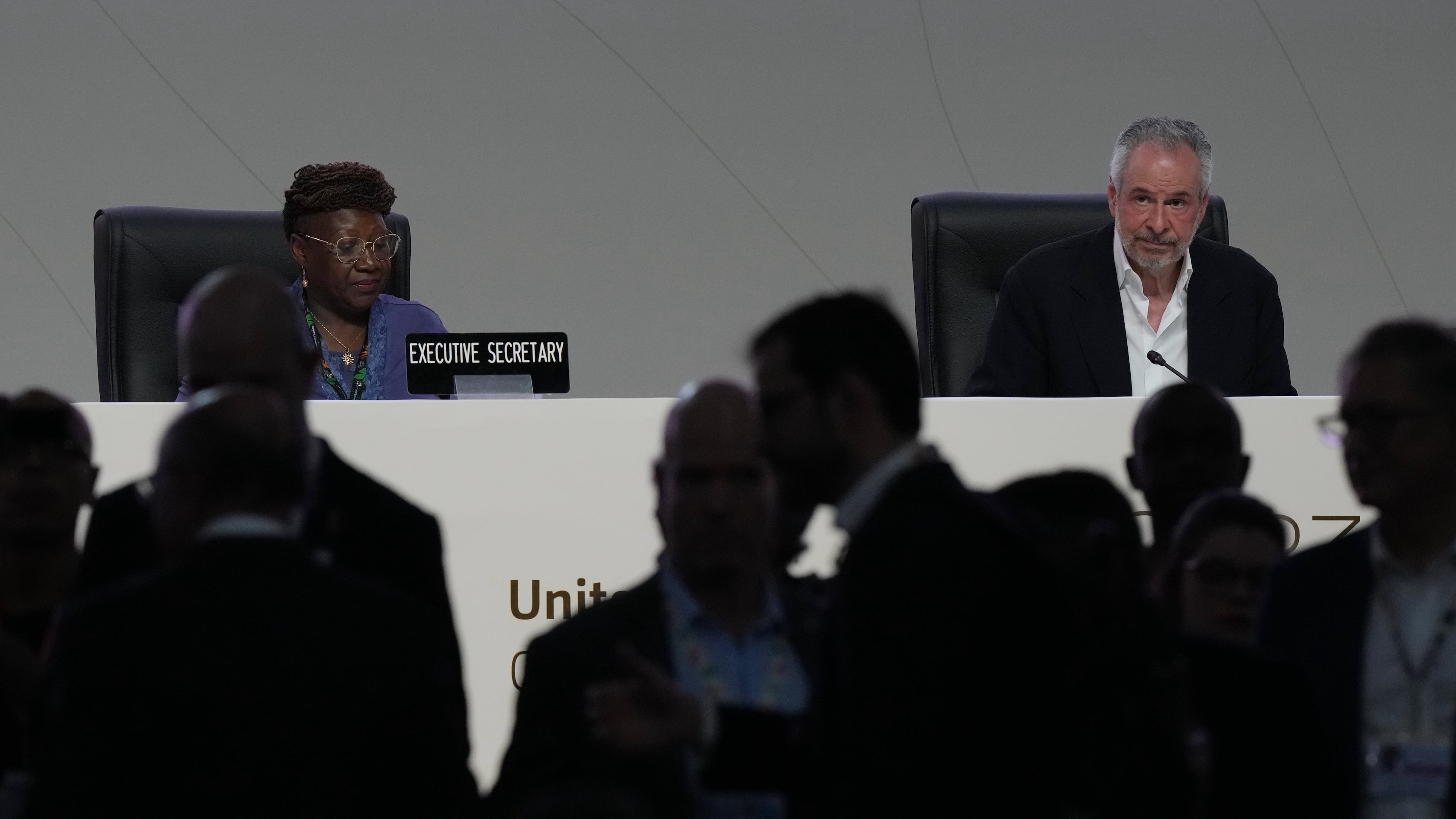 People come and go from a plenary session as André Corrêa do Lago, COP30 president, sits at back right, during the COP30 U.N. Climate Summit, Monday, Nov. 17, 2025, in Belem, Brazil. (AP Photo/Fernando Llano)