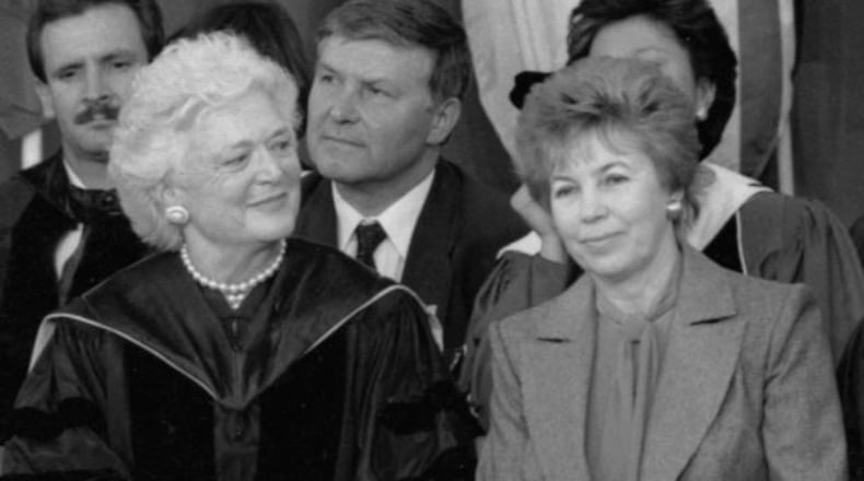 First Ladies Barbara Bush of the United States and Raisa Gorbacheva of the Soviet Union addressed the 1990 graduating class of Wellesley College.