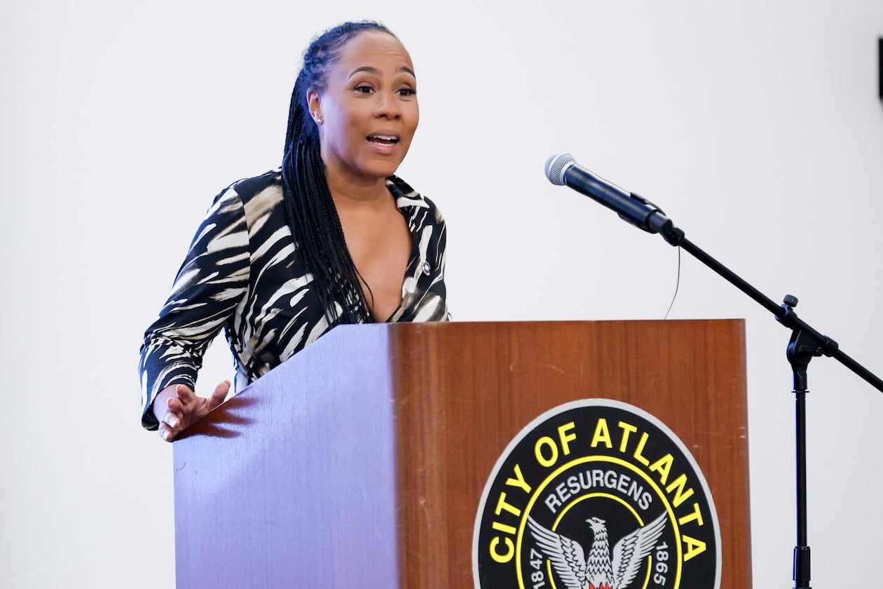 Fulton County District Attorney Fani Willis delivers remarks at a luncheon on Tuesday, Sept. 2, 2025. 
(Miguel Martinez/AJC)