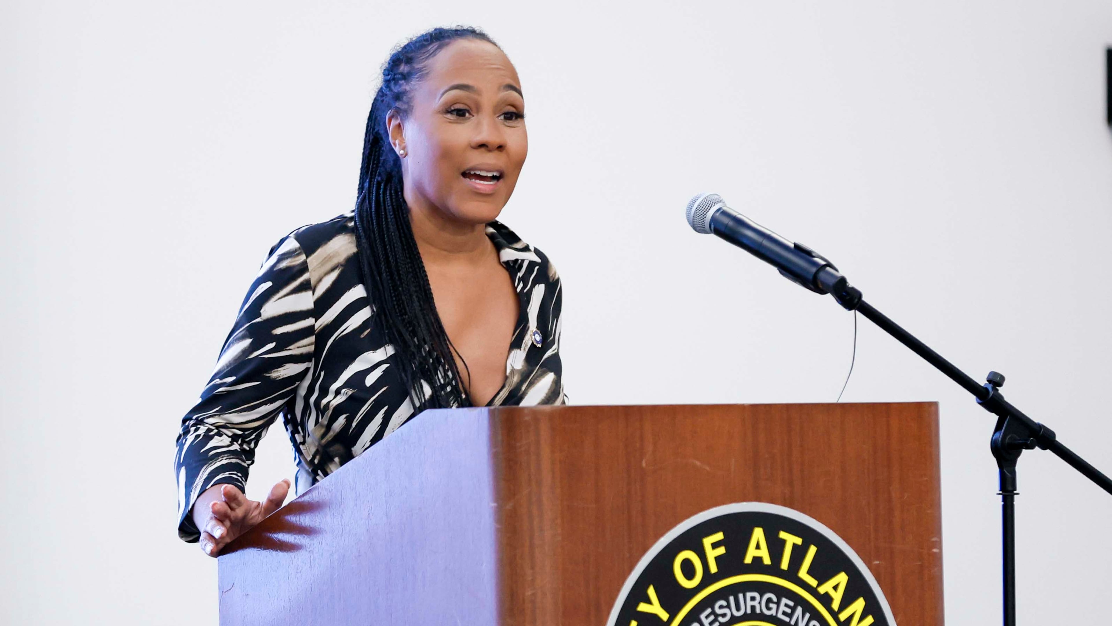Fulton County District Attorney Fani Willis delivers remarks at a luncheon on Tuesday, Sept. 2, 2025.
(Miguel Martinez/AJC)