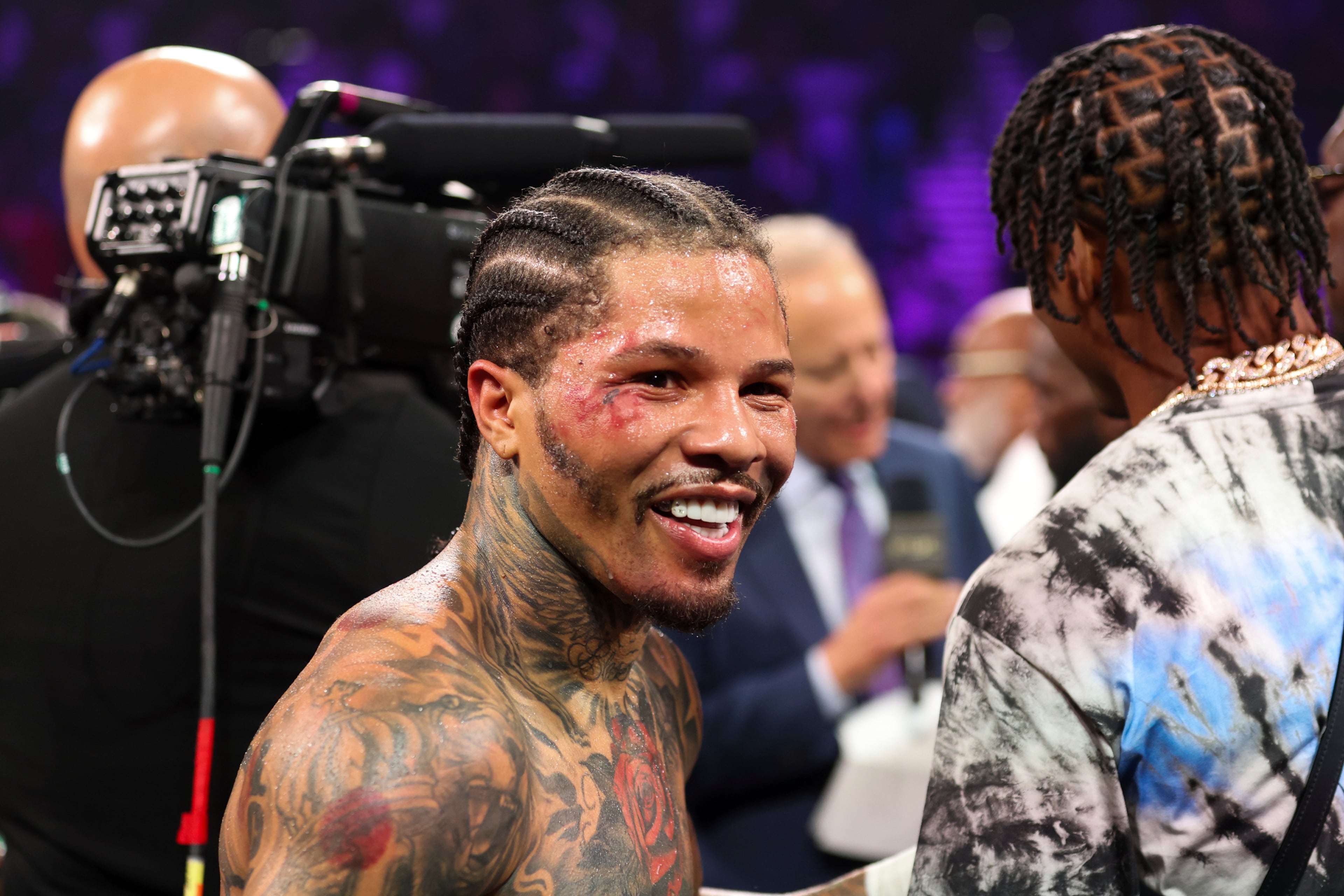 Gervonta "Tank" Davis smiles in the ring after knocking out Frank Martin during the WBA lightweight championship boxing bout in Las Vegas. (Ellen Schmidt/Las Vegas Review-Journal via AP 2024)