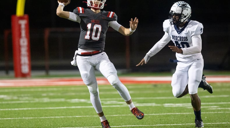 Archer quarterback Caleb Peevy (10) throws the ball at a GHSA high school football game between Archer High School and Norcross High School in Lawrenceville, GA., on Friday, November 5, 2021. (Photo/Jenn Finch)