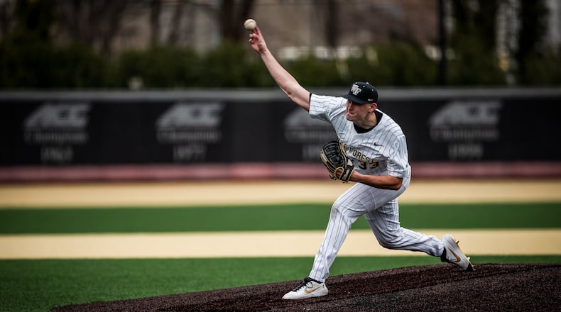 Pitcher Ryan Cusick on the mound for Wake Forest in a Feb. 27, 2021, game in Winston-Salem, North Carolina. Cusick’s path to the Braves was once powered by late-night PB&Js and chocolate milk. (Photo courtesy of Wake Forest Athletics)