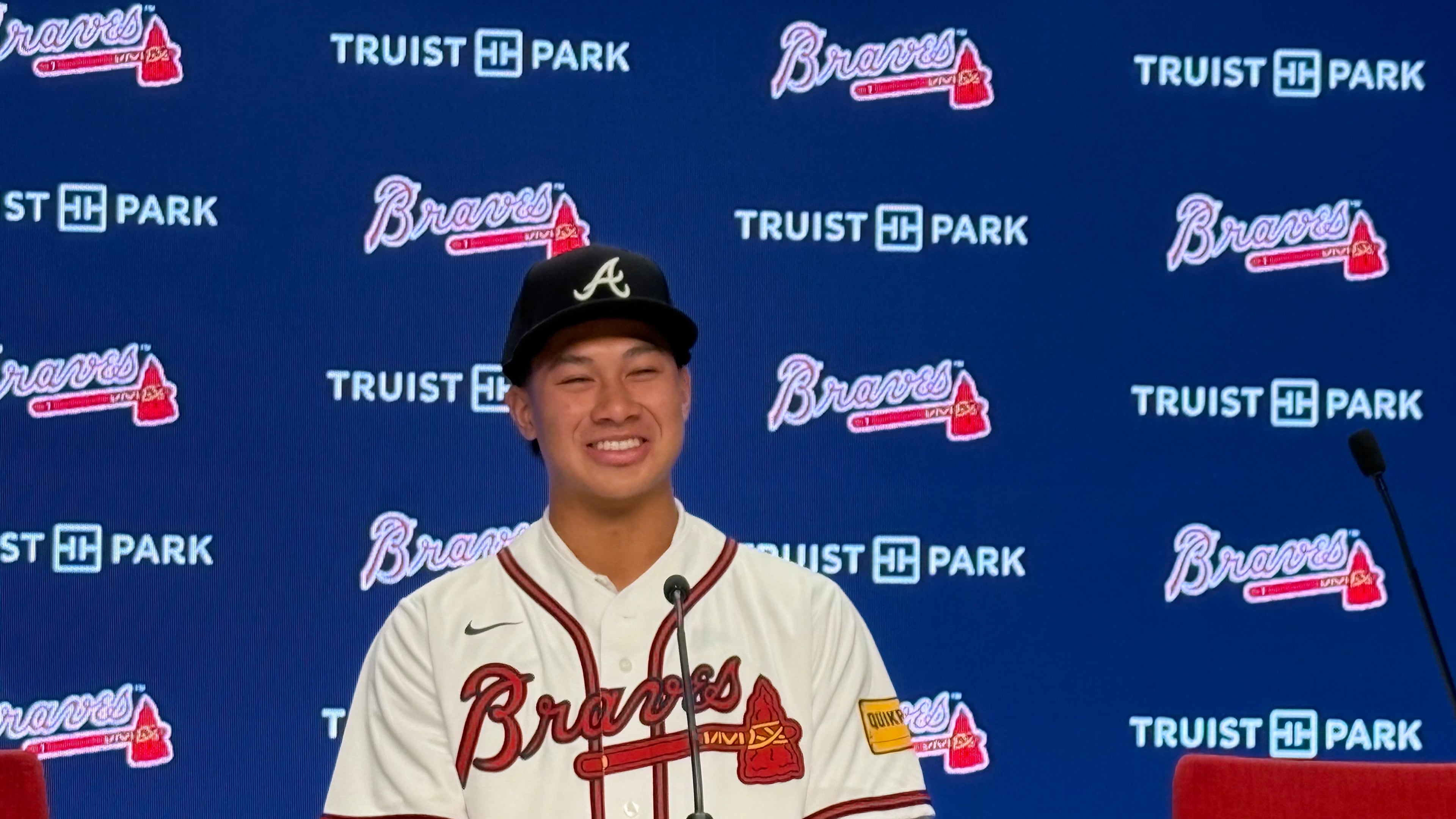 Braves first-round MLB Draft pick Tate Southisene answers questions from the media Saturday at Truist Park.