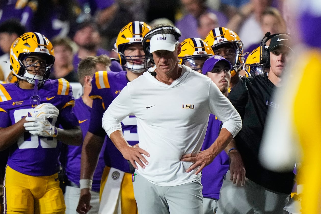 LSU head coach Lane Kiffin reacts in the second half of an NCAA college football game against Louisiana Tech, Saturday, Sept. 12, 2026 in Baton Rouge, La. (Gerald Herbert/AP)
