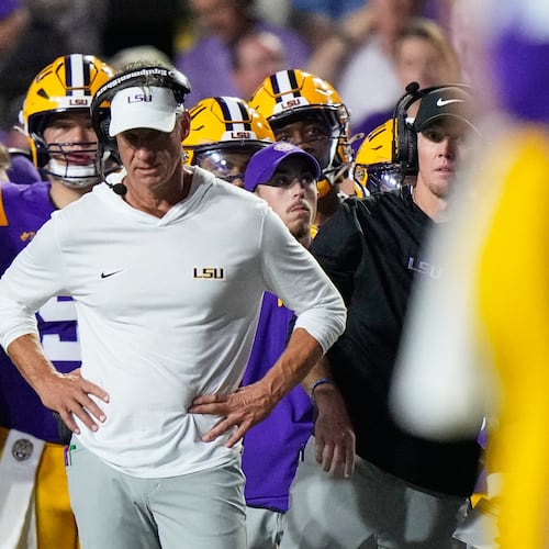 LSU head coach Lane Kiffin reacts in the second half of an NCAA college football game against Louisiana Tech, Saturday, Sept. 12, 2026 in Baton Rouge, La. (Gerald Herbert/AP)