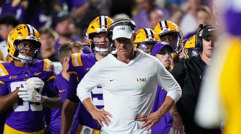 LSU head coach Lane Kiffin reacts in the second half of an NCAA college football game against Louisiana Tech, Saturday, Sept. 12, 2026 in Baton Rouge, La. (Gerald Herbert/AP)