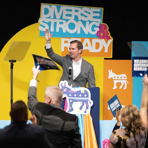 FILE - Kentucky Gov. Andy Beshear waves to a cheering crowd after his speech during the Ben Nelson Gala Nov. 7, 2025, in Omaha, Neb. (AP Photo/Rebecca S. Gratz, File)