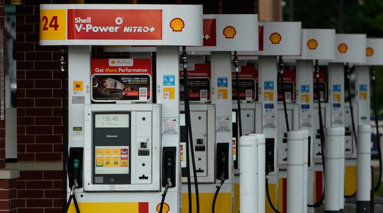 Gas pumps are seen at a gas station in Buffalo Grove, Thursday, June 25, 2026. (AP Photo/Nam Y. Huh)