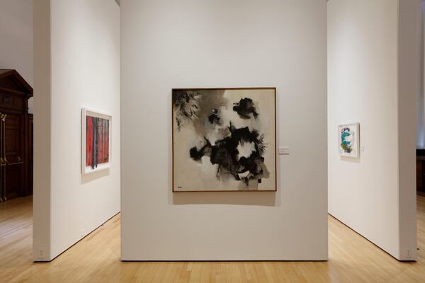Left to right: “Primer” by Cullen Washington, Jr.; “Black Spring” by Charles Henry Alston; “Cantilevered #62” by Nanette Carter.