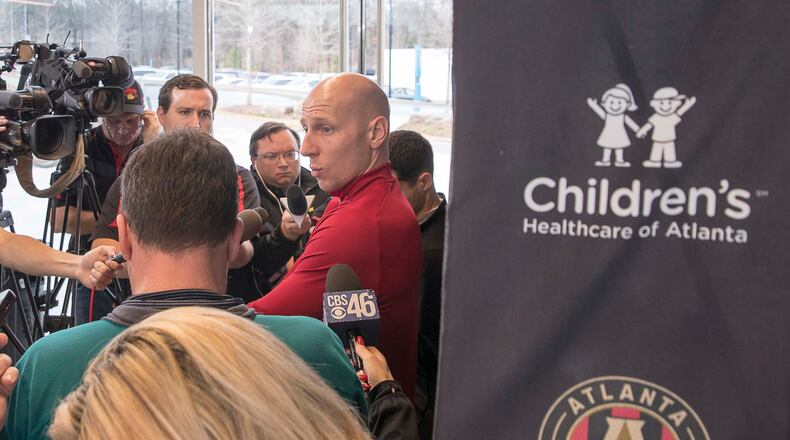 Atlanta United goalkeeper Brad Guzan (1) speaks with members of the media following a training with the team at the Children's Healthcare of Atlanta Training Ground, Monday, January 13, 2020. (ALYSSA POINTER/ALYSSA.POINTER@AJC.COM)