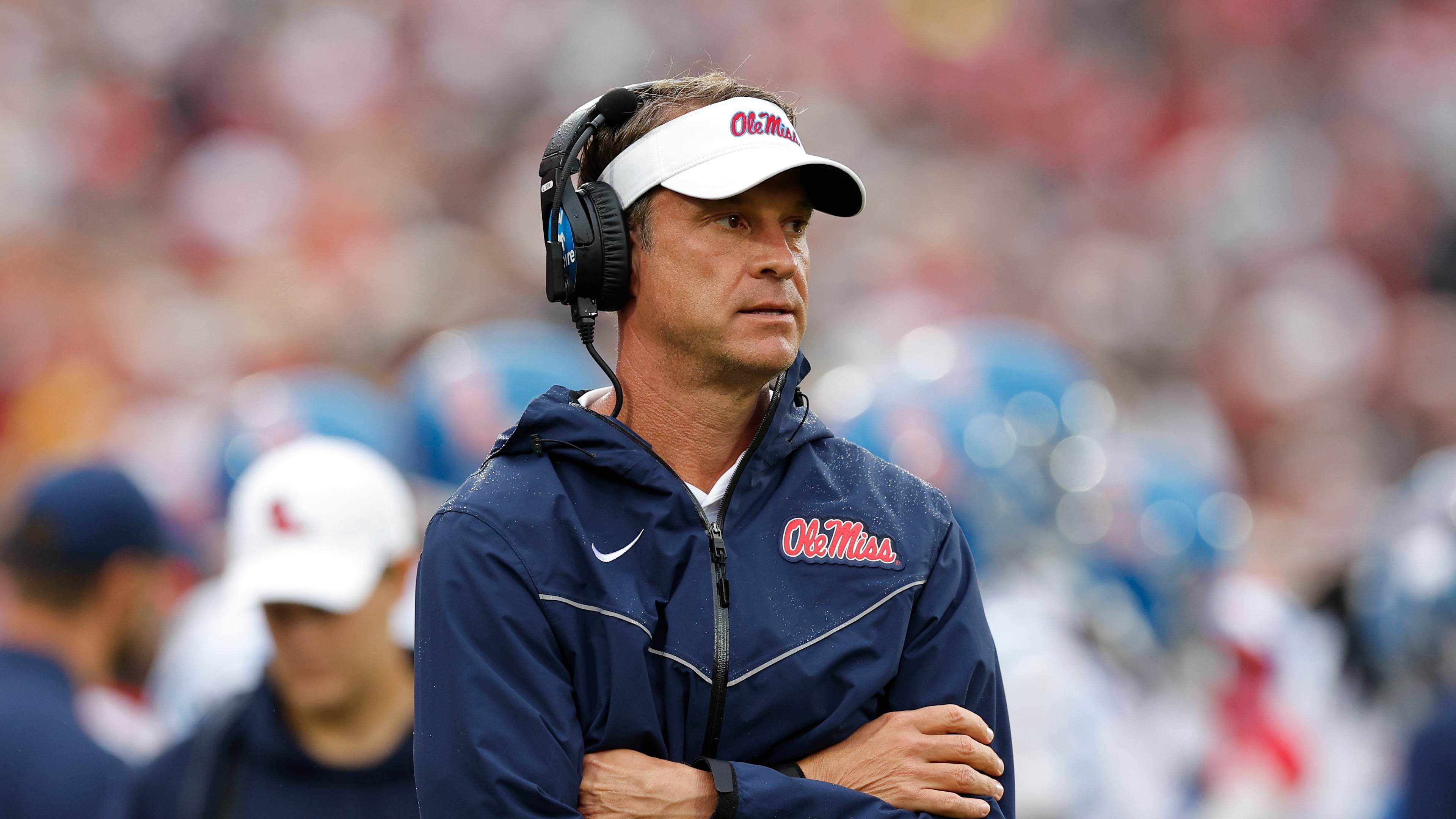 Mississippi head coach Lane Kiffin watches his team play against Oklahoma during the first half of an NCAA college football game in Norman, Okla., Saturday, Oct. 25, 2025. (AP Photo/Alonzo Adams)