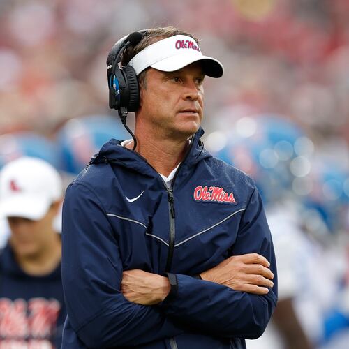 Mississippi head coach Lane Kiffin watches his team play against Oklahoma during the first half of an NCAA college football game in Norman, Okla., Saturday, Oct. 25, 2025. (AP Photo/Alonzo Adams)