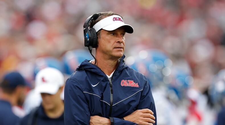 Mississippi head coach Lane Kiffin watches his team play against Oklahoma during the first half of an NCAA college football game in Norman, Okla., Saturday, Oct. 25, 2025. (AP Photo/Alonzo Adams)
