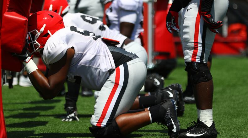 Georgia players run drills during a preseason practice session Thursday, Aug. 8, 2019, on the Woodruff Practice Fields in Athens.