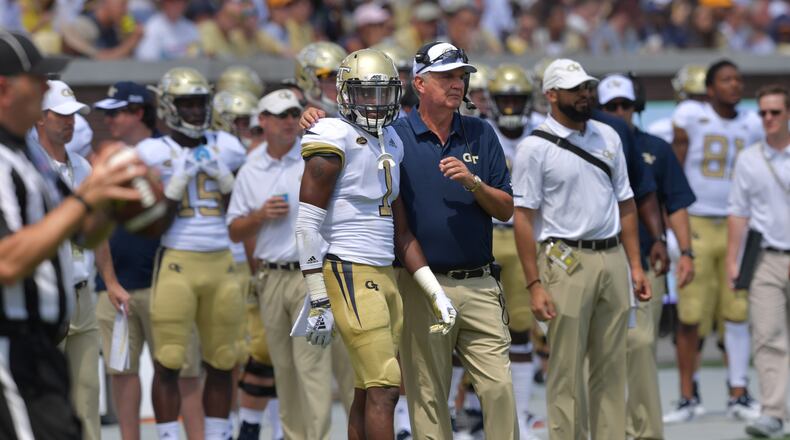 September 1, 2018 Atlanta - Georgia Tech head coach Paul Johnson instructs Georgia Tech running back Qua Searcy (1) in the first half of the Georgia Tech home opener at Bobby Dodd Stadium on Saturday, September 1, 2018. Georgia Tech won 41-0 over the Alcorn State. HYOSUB SHIN / HSHIN@AJC.COM