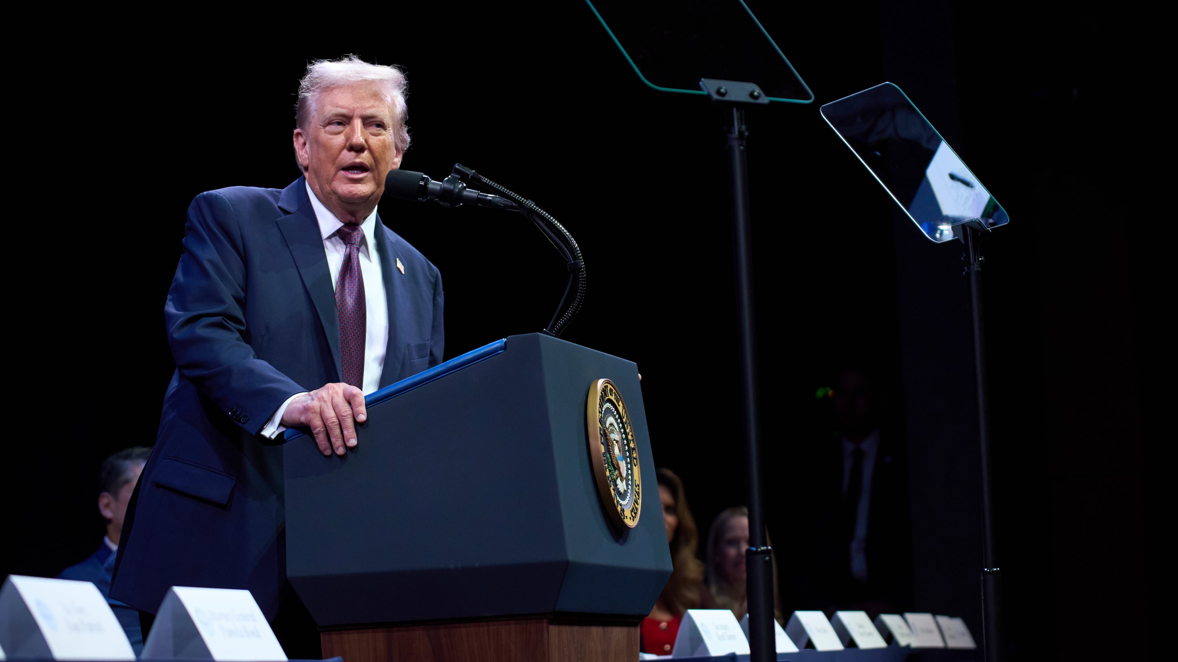 President Donald Trump speaks to the White House Religious Liberty Commission during an event at the Museum of the Bible, Monday, Sept. 8, 2025, in Washington. (AP Photo/Evan Vucci)