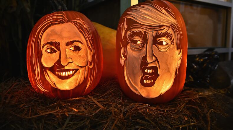 NEW YORK, NY - OCTOBER 28: Master Carver Hugh McMahon Creates Giant Donald Trump And Hillary Clinton Pumpkin at Chelsea Market on October 28, 2016 in New York City. (Photo by Theo Wargo/Getty Images)
