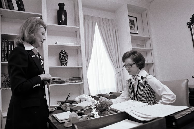 Rosalynn Carter (right) was the first first lady to carry a briefcase to her office in the East Wing. (Jimmy Carter Library)