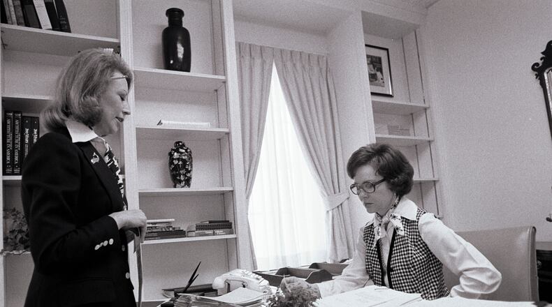 Rosalynn Carter (right) was the first first lady to carry a briefcase to her office in the East Wing. (Jimmy Carter Library)