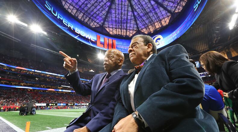 2/3/19 - Atlanta - John Lewis and Andrew Young before the New England Patriots play the Los Angeles Rams in Super Bowl LIII at Mercedes-Benz Stadium in Atlanta, Ga. CURTIS COMPTON / CCOMPTON@AJC.COM