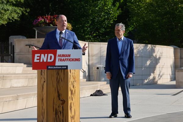 Attorney General Chris Carr speaks at a news conference about the Republican nominee for governor Rick Jackson’s plan for human trafficking at Liberty Plaza in Atlanta last week. (Arvin Temkar/AJC)
